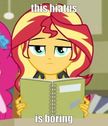 Size: 720x842 | Tagged: safe, edit, editor:axal-5, screencap, pinkie pie, sunset shimmer, better together, equestria girls, the finals countdown, bored, cropped, hiatus, solo focus, sunset shimmer is not amused, text, text edit, unamused