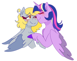 Size: 1280x1011 | Tagged: safe, artist:cubbybatdoodles, derpy hooves, ditzy doo, twilight sparkle, twilight sparkle (alicorn), alicorn, pegasus, pony, blushing, cute, derpabetes, female, lesbian, mare, shipping, simple background, transparent background, twerpy, twiabetes