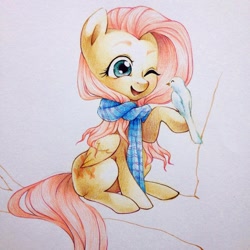 Size: 1280x1280 | Tagged: safe, artist:chakanyuantu, fluttershy, bird, pegasus, pony, clothes, scarf, traditional art, wink
