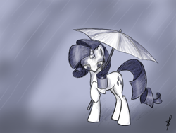 Size: 1600x1200 | Tagged: safe, artist:stridah, rarity, pony, unicorn, rain, solo, umbrella