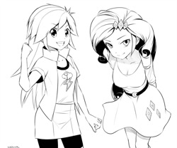 Size: 900x750 | Tagged: safe, artist:gigiedt, derpibooru import, rainbow dash, rarity, equestria girls, black and white, female, grayscale, looking at you, monochrome