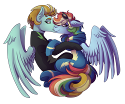 Size: 3600x3000 | Tagged: safe, artist:kikirdcz, derpibooru import, lightning dust, rainbow dash, pegasus, pony, clothes, female, kissing, lesbian, mare, rainbowdust, shipping, simple background, smiling, transparent background, uniform, washouts uniform, wonderbolts uniform