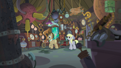 Size: 1440x808 | Tagged: safe, screencap, derpy hooves, doctor whooves, earth pony, pegasus, pony, slice of life (episode), bowtie, doctor whooves' lab, duo, female, flameless fireworks, interior, laboratory, machinery, male, mare, stallion