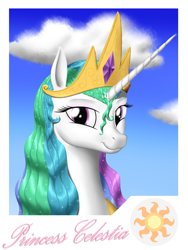 Size: 3000x4000 | Tagged: safe, artist:vasillium, princess celestia, alicorn, pony, bust, crown, female, horn, mare, multicolored mane, solo, white coat