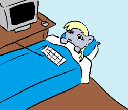 Size: 426x364 | Tagged: safe, artist:mooph, edit, derpy hooves, bed, computer, female, keyboard, mare, meme, sleep tight, sleeping, solo