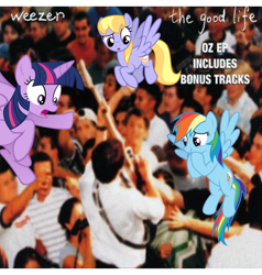 Size: 2921x3072 | Tagged: safe, derpibooru import, screencap, cloud kicker, rainbow dash, twilight sparkle, twilight sparkle (alicorn), alicorn, human, album cover, caption, weezer