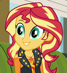 Size: 1003x1079 | Tagged: safe, screencap, sunset shimmer, better together, equestria girls, text support, text support: sunset shimmer, cropped, cute, geode of empathy, magical geodes, shimmerbetes, smiling, solo