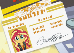 Size: 718x517 | Tagged: safe, screencap, sunset shimmer, driving miss shimmer, equestria girls, equestria girls series, cropped, driver's license, geode of empathy, magical geodes, solo, written equestrian