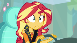 Size: 1920x1080 | Tagged: safe, screencap, sunset shimmer, driving miss shimmer, driving miss shimmer: fluttershy, equestria girls, equestria girls series, car, faic, female, fluttershy's car, geode of empathy, magical geodes, solo