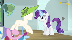 Size: 1600x900 | Tagged: safe, screencap, rarity, pony, unicorn, the saddle row review, clothes, discovery family logo, levitation, magic, solo, telekinesis