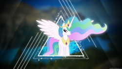 Size: 2560x1440 | Tagged: safe, artist:fillynix-artz, artist:mihaaaa, princess celestia, alicorn, pony, abstract background, flowing mane, looking at you, mountain, river, solo, splatter, spread wings, vector, wallpaper