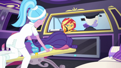 Size: 1920x1080 | Tagged: safe, screencap, aloe, randolph, rarity, sunset shimmer, better together, driving miss shimmer, driving miss shimmer: rarity, equestria girls, bracelet, car, chauffeur, fuzzy dice, geode of empathy, jewelry, limousine, magical geodes, massage table, masseuse, misleading thumbnail