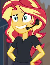 Size: 824x1078 | Tagged: safe, screencap, sunset shimmer, better together, equestria girls, opening night, opening night: sunset shimmer, cropped, director shimmer, faic, female, headset, nervous, solo