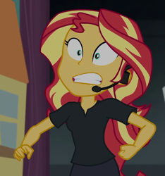 Size: 993x1059 | Tagged: safe, screencap, sunset shimmer, better together, equestria girls, opening night, opening night: sunset shimmer, cropped, faic, frown, gritted teeth, headset, solo, wide eyes, worried