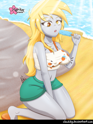 Size: 746x1000 | Tagged: safe, artist:clouddg, derpy hooves, equestria girls, beach, belly button, breasts, clothes, female, food, midriff, open mouth, popsicle, sand, shorts, signature, solo, swimsuit, water