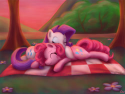 Size: 6000x4500 | Tagged: safe, artist:carolynmaples, pinkie pie, rarity, earth pony, pony, unicorn, absurd resolution, cute, diapinkes, female, lesbian, missing horn, raripie, shipping, sleeping