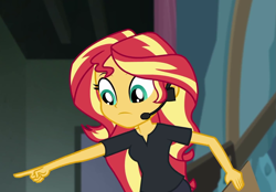 Size: 1409x983 | Tagged: safe, screencap, sunset shimmer, all the world's off stage, all the world's off stage: twilight sparkle, better together, equestria girls, cropped, pointing, solo