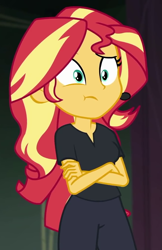 Size: 661x1017 | Tagged: safe, screencap, sunset shimmer, all the world's off stage, all the world's off stage: micro chips, better together, equestria girls, cropped, crossed arms, solo