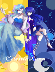 Size: 1000x1321 | Tagged: safe, artist:matthewlee, princess celestia, princess luna, human, clothes, dress, humanized