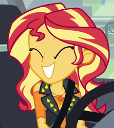 Size: 864x974 | Tagged: safe, screencap, sunset shimmer, better together, driving miss shimmer, driving miss shimmer: rarity, equestria girls, cropped, cute, female, geode of empathy, magical geodes, shimmerbetes, smiling, solo, steering wheel