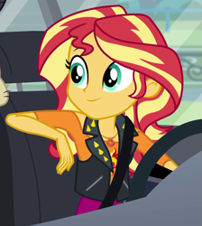 Size: 841x937 | Tagged: safe, screencap, sunset shimmer, better together, driving miss shimmer, driving miss shimmer: rarity, equestria girls, car, cropped, cute, geode of empathy, magical geodes, seatbelt, shimmerbetes, solo, steering wheel