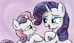 Size: 1024x600 | Tagged: safe, artist:muddy-waters, rarity, sweetie belle, pony, unicorn, crusaders of the lost mark, blushing, smiling