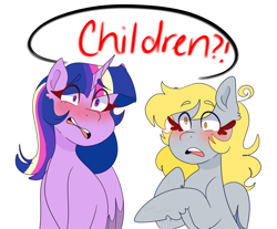 Size: 1280x1061 | Tagged: safe, artist:cubbybatdoodles, derpy hooves, ditzy doo, twilight sparkle, twilight sparkle (alicorn), alicorn, pegasus, pony, blushing, female, lesbian, shipping, twerpy