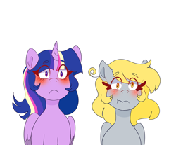 Size: 1280x1061 | Tagged: safe, artist:cubbybatdoodles, derpy hooves, ditzy doo, twilight sparkle, twilight sparkle (alicorn), alicorn, pegasus, pony, blushing, female, lesbian, shipping, twerpy