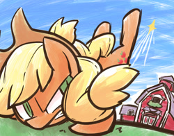 Size: 700x550 | Tagged: safe, artist:nyankamedon, applejack, earth pony, pony, bucking, perspective, pixiv, solo, sweet apple acres