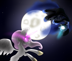 Size: 1024x870 | Tagged: safe, artist:enchanted-feline, nightmare moon, princess celestia, alicorn, pony, fight, magic, missing cutie mark, moon, upside down