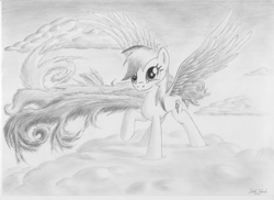 Size: 3510x2550 | Tagged: safe, artist:ratchethun, derpibooru import, rainbow dash, pegasus, pony, cloud, female, mare, monochrome, raised hoof, sketch, smiling, solo, spread wings, traditional art, wings