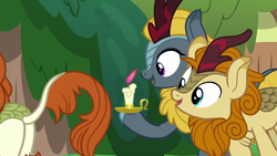 Size: 1280x720 | Tagged: safe, edit, edited screencap, screencap, autumn afternoon, autumn blaze, winter flame, kirin, sounds of silence, background kirin, candle, female, implied farting, male, open mouth, plot, smiling