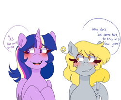 Size: 1280x1061 | Tagged: safe, artist:cubbybatdoodles, derpy hooves, ditzy doo, twilight sparkle, twilight sparkle (alicorn), alicorn, pegasus, pony, blushing, female, lesbian, shipping, twerpy