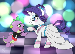 Size: 1200x871 | Tagged: safe, artist:pia-sama, rarity, spike, dragon, pony, unicorn, blushing, clothes, dress, female, male, shipping, sparity, straight