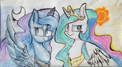 Size: 823x459 | Tagged: safe, artist:louderpony, princess celestia, princess luna, alicorn, pony, moon, sun, traditional art