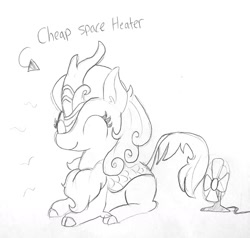 Size: 1440x1371 | Tagged: safe, artist:tjpones, autumn blaze, kirin, sounds of silence, black and white, cute, eyes closed, fan, female, grayscale, lifehacks, lineart, monochrome, pencil drawing, prone, simple background, smiling, solo, space heater, traditional art, white background