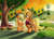 Size: 2032x1474 | Tagged: safe, artist:ruhisu, applejack, oc, oc:brave wing, earth pony, pegasus, pony, apple, blushing, bucket, canon x oc, clothes, couple, cowboy hat, evening, hat, jacket, male, nervous, orchard, raised hoof, shipping, shy, smiling, stallion, stetson, sunset, sweet apple acres