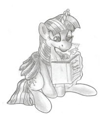 Size: 1862x2239 | Tagged: safe, artist:inurantchan, derpibooru import, twilight sparkle, twilight sparkle (alicorn), alicorn, pony, book, female, magic, mare, monochrome, reading, solo, telekinesis, traditional art