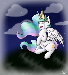 Size: 900x1000 | Tagged: safe, artist:spirit-dude, princess celestia, alicorn, pony, unicorn, crying, looking up, night, raised hoof, sitting, smiling, solo, tears of joy