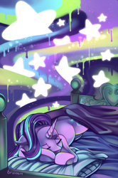 Size: 800x1202 | Tagged: safe, artist:breioom, starlight glimmer, pony, unicorn, bed, colorful, dripping, psychadelic, sleeping, solo, stars