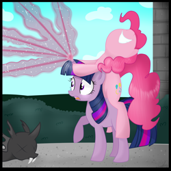 Size: 2840x2840 | Tagged: safe, artist:balloons504, derpibooru import, pinkie pie, twilight sparkle, changeling, earth pony, pony, magic, ponies riding ponies, x eyes