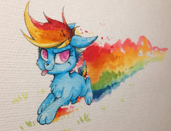 Size: 3049x2329 | Tagged: safe, artist:yellowrobin, derpibooru import, rainbow dash, dog, solo, species swap, tongue out, traditional art