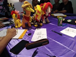 Size: 4032x3016 | Tagged: safe, photographer:horsesplease, applejack, sunset shimmer, twilight sparkle, twilight sparkle (alicorn), oc, oc:rosa blossomheart, alicorn, earth pony, pony, drawing, malaysia, plushie, the friendship express, traditional art