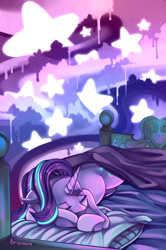 Size: 800x1202 | Tagged: safe, alternate version, artist:breioom, starlight glimmer, pony, unicorn, bed, colorful, dripping, female, mare, psychadelic, sleeping, solo, stars