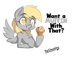 Size: 2531x2000 | Tagged: safe, artist:demonfox, derpy hooves, pegasus, pony, chest fluff, cute, derpabetes, female, food, mare, muffin, simple background, solo, transparent background