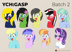 Size: 2000x1432 | Tagged: safe, artist:jhayarr23, part of a set, copper top, sassaflash, sea swirl, seafoam, starlight glimmer, oc, oc:naveen numbers, oc:prickly pears, earth pony, pegasus, pony, unicorn, alternate hairstyle, bowtie, clothes, female, flower, flower in hair, gasp, glasses, male, mare, smiling, stallion, sunglasses, ych result, ych:gasp