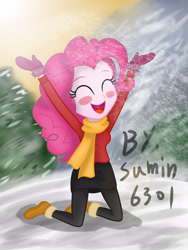 Size: 1536x2048 | Tagged: safe, artist:sumin6301, pinkie pie, equestria girls, clothes, mittens, scarf, snow, solo, winter