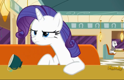 Size: 2073x1343 | Tagged: safe, screencap, rarity, pony, unicorn, the saddle row review, cafe, discovery family logo, john candy, movie reference, mug, neal page, neighl page, planes trains and automobiles, restaurant, steve martin