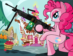 Size: 2334x1795 | Tagged: safe, artist:tuffylive, pinkie pie, earth pony, pony, anatomically incorrect, gun, incorrect leg anatomy, m249, machine gun, solo, weapon