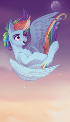 Size: 1116x1934 | Tagged: safe, artist:holocorn, derpibooru import, rainbow dash, pegasus, pony, chest fluff, cloud, cloudy, cutie mark, ear fluff, female, flying, full moon, happy, mare, moon, sky, solo